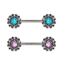 Load image into Gallery viewer, 316L Stainless Steel Medieval Rose Nipple Bar Set with Stone Inlay
