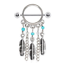 Load image into Gallery viewer, 316L Surgical Steel Turquoise Beads Feather Dangle Nipple Shield
