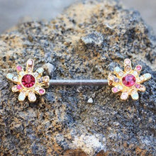 Load image into Gallery viewer, Gold Plated Rainbow CZ Flower Nipple Bar
