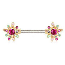 Load image into Gallery viewer, Gold Plated Rainbow CZ Flower Nipple Bar
