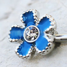 Load image into Gallery viewer, 316L Stainless Steel Jeweled Teal Blue Flower Nipple Bar
