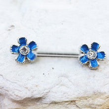 Load image into Gallery viewer, 316L Stainless Steel Jeweled Teal Blue Flower Nipple Bar
