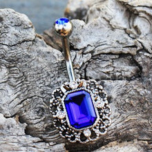 Load image into Gallery viewer, 316L Stainless Steel Radiant Cut Sapphire Blue CZ Ornate Navel Ring
