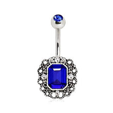 Load image into Gallery viewer, 316L Stainless Steel Radiant Cut Sapphire Blue CZ Ornate Navel Ring
