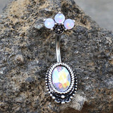 Load image into Gallery viewer, 316L Surgical Steel Aurora Borealis CZ Navel Ring with Opal Fan Top
