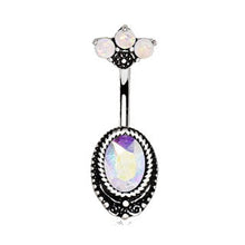 Load image into Gallery viewer, 316L Surgical Steel Aurora Borealis CZ Navel Ring with Opal Fan Top
