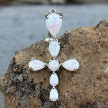 Load image into Gallery viewer, 316L Stainless Steel White Synthetic Opal Cross Top Down Navel Ring
