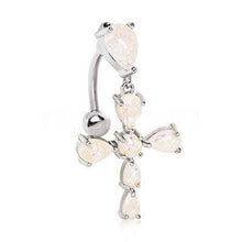 Load image into Gallery viewer, 316L Stainless Steel White Synthetic Opal Cross Top Down Navel Ring
