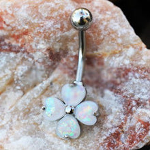 Load image into Gallery viewer, 316L Stainless Steel White Synthetic Opal Clover Navel Ring
