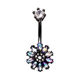 Black PVD Plated Aurora Borealis Flower Navel Ring