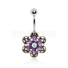 Load image into Gallery viewer, Antique Gold Plated Ornate Jeweled Camellia Flower Navel Ring
