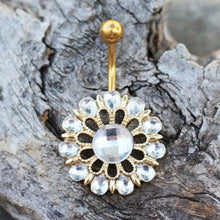 Load image into Gallery viewer, Gold Plated Checkerboard Cut CZ Flower Navel Ring
