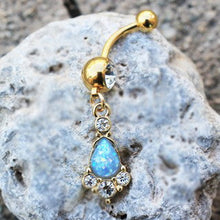 Load image into Gallery viewer, Gold Light Blue Tear Drop Synthetic Opal Dangle Navel Ring
