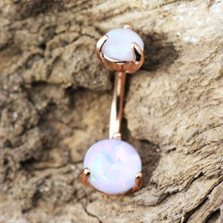 Rose Gold Navel Ring with Prong Set White Synthetic Opal