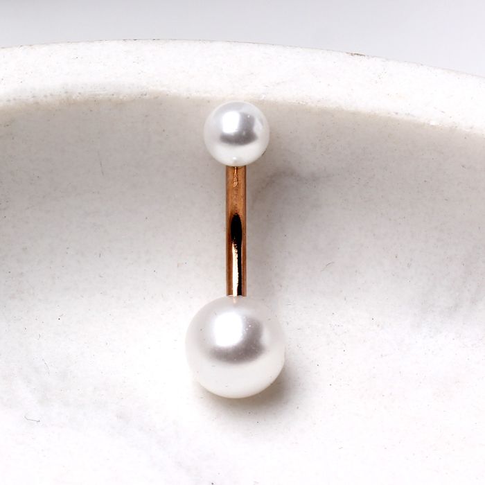 Rose Gold Plated Navel Ring with White Faux Pearls