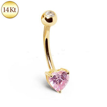 Load image into Gallery viewer, 14Kt Gold Navel Ring with Prong Set Heart CZ
