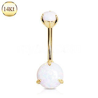 14Kt. Yellow Gold Navel Ring with Prong Set White Synthetic Opal