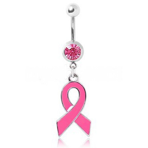 316L Gemmed Navel Ring with Enameled Pink Awareness Ribbon Dangle