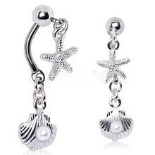 Load image into Gallery viewer, 316L Stainless Steel Starfish and Pearl Seashell Double Dangle Navel Ring
