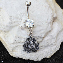 Load image into Gallery viewer, 316L Stainless Steel Jeweled Vintage Lotus Dangle Navel Ring
