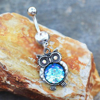 316L Stainless Steel Jeweled Rainbow Owl Dangle Navel Ring