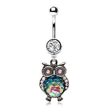 Load image into Gallery viewer, 316L Stainless Steel Jeweled Rainbow Owl Dangle Navel Ring
