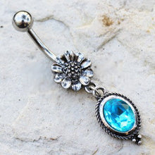 Load image into Gallery viewer, 316L Stainless Steel Flower and Aqua Pendant Dangle Navel Ring
