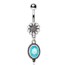 Load image into Gallery viewer, 316L Stainless Steel Flower and Aqua Pendant Dangle Navel Ring
