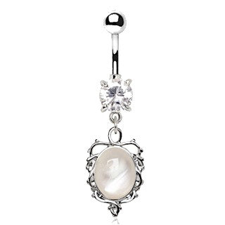 Ornate White Cat's Eye Dangle Navel Belly Ring