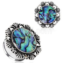 Load image into Gallery viewer, 316L Stainless Steel Ornate Plug with Natural Abalone Inlay
